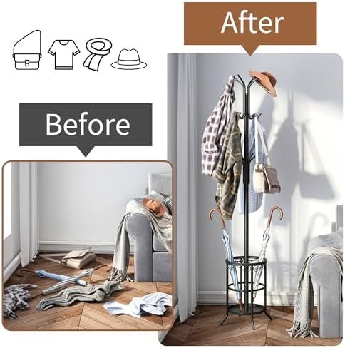 Coat Rack Freestanding with Umbrella Stand Coat Rack Stand with 12 Hooks Metal Coat Tree Coat and Hat Hanger Jacket Entryway(Black) - Image 4