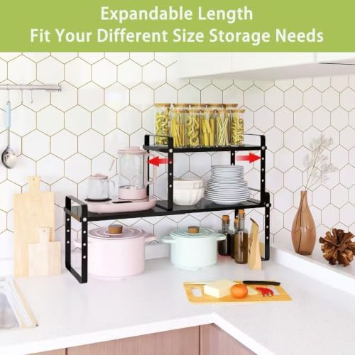 Across-Star Expandable Cabinet Shelf Organizer Rack, Stackable Kitchen Countertop Organizer Storage Shelves, Adjustable Height Pantry Counter Shelf Riser Spice Rack (Black, 2 Pack) - Image 3