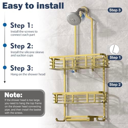 Shower Caddy Hanging, Never Rust Aluminum Shower Organizer, Over Showerhead No Drilling Shower Racks, with Soap Holder Multi Hooks Bathroom Storage for Shampoo Sponge (Gold) - Image 7