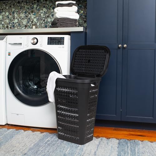 Mind Reader Slim Tapered Laundry Hampers with Lid, Clothes Basket with Swiss Cross Cut-Outs, Lightweight & Ventilated, Plastic, Set of 2, Black - Image 2
