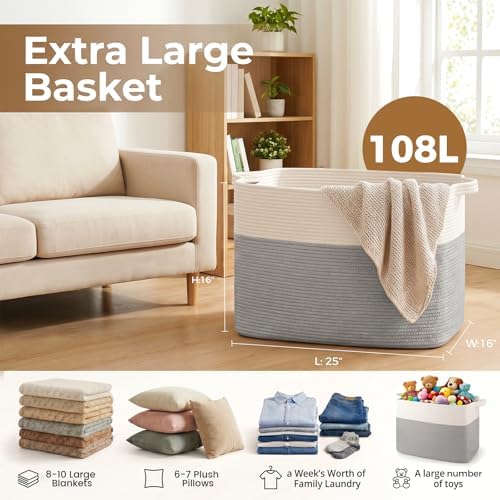 OIASKET 108L Cotton Rope Storage Basket for Living Room and Bedroom 25"x16"x16" Woven Laundry Basket, Heavy Duty Bin for Blankets, Pillows & Toys, Pet-Safe & Scratch-Free, Grey and White - Image 2