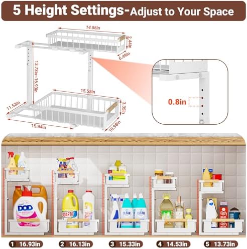 2 Pack Under Sink Organizer, 2 Tier Pull Out Cabinet Organizer with 5-Level Adjustable Height, Sliding Metal Storage Rack for Kitchen Bathroom Pantry, White - Image 2