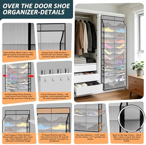 Kotkn 24-Pair Over Door Shoe Organizer for Family & Kids, Double Sided | Hanging Storage for Sneakers, Boots, Toys & Room Organization-Graphite Gray - Image 3
