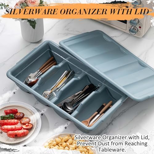 Maxdot 3 Pcs 20.5 x 11.9 x 3.7 Inch Silverware Organizer with Lid, Commercial 4-compartment Restaurant Kitchen Cutlery Tray, Plastic Silverware Storage Container, Condiments Holder (Grayish Blue) - Image 3