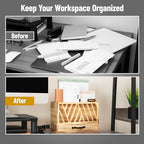 Mind Reader Natural Wood Desktop Mail Organizer with Drawer, 3-Tier Letter Holder with Label Slots, Office Desk Paper Sorter, Brown - Image 5