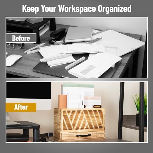 Mind Reader Natural Wood Desktop Mail Organizer with Drawer, 3-Tier Letter Holder with Label Slots, Office Desk Paper Sorter, Brown - Image 5