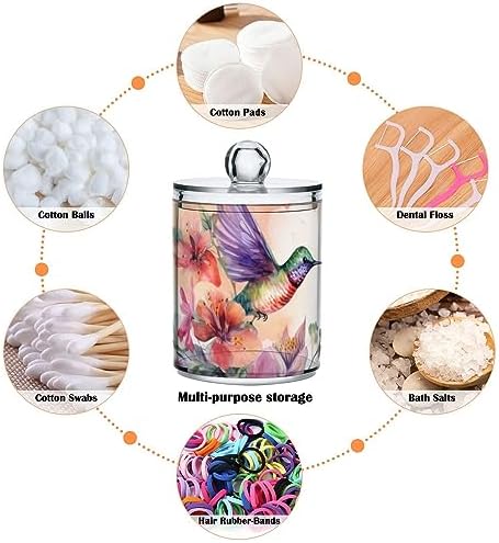 Vnurnrn Qtip Cotton Ball Holder Dispenser with Lid Watercolor Hummingbirds Print, Plastic Jars Bathroom Canisters Storage Organizer 4 Pack - Image 4