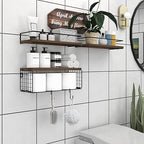 3+3 16.1in Bathroom Shelves Wall Mounted Over Toilet with Toilet Paper Storage Basket & Hooks, Hanging Floating Shelves Bathroom for Wall Room Decor, Bathroom Organizers and Storage Brown - Image 2