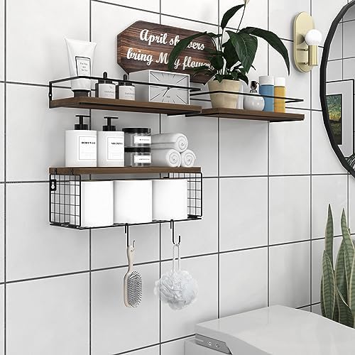 3+3 16.1in Bathroom Shelves Wall Mounted Over Toilet with Toilet Paper Storage Basket & Hooks, Hanging Floating Shelves Bathroom for Wall Room Decor, Bathroom Organizers and Storage Brown - Image 2