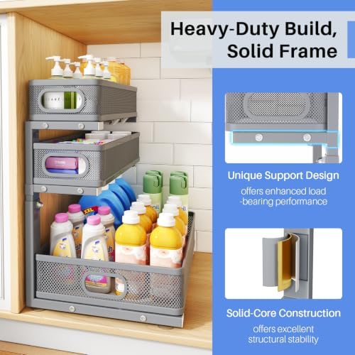Under Sink Organizer, 3-Tier Thickened Metal Pull out Cabinet Organizer Shelf, Height Adjustable Slide out Storage Drawer Rack for Kitchen Bathroom Pantry Laundry Home Organization, 2-Pack, Grey - Image 6