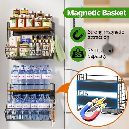2 Pack Magnetic Shelf for Fridge with Wood Lid, Fruit Potato and Onion Storage Bins, Pantry Organizers and Storage, Strong Magnetic Spice Rack for Refrigerator, Kitchen Counter and Laundry Room - Image 2