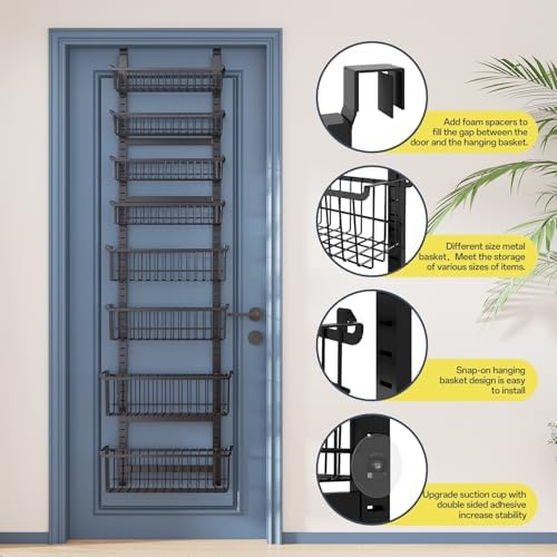 Over The Door Pantry Organizer, 8-Tier Over The Door Organizer with Adjustable Baskets, Metal Hanging Spice Rack for Pantry Organizers and Storage, Suitable for Kitchen Laundry Room & Bathroom, Black - Image 3