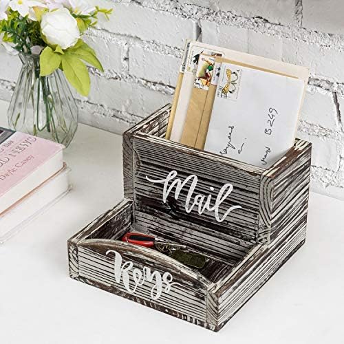 MyGift Rustic Torched Wood Mail Holder and Key Organizer Entryway Storage Tray with Cursive Mail and Keys Word Design, Office, Dorm, Classroom Desktop Organizing Bin - Image 2
