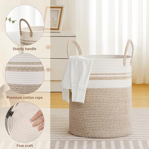 53L Tall Cotton Rope Laundry Basket with Handles, White & Brown - Image 3