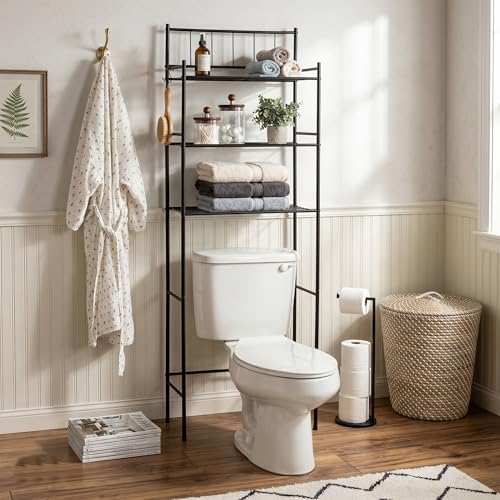 Honey-Can-Do 3-Tier Over-the-Toilet Space Saver Shelf, Black Metal, 23W x 65H x 9.5D in, Freestanding Bathroom Organizer - Image 2