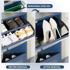 Shoe Cabinet with Bench, 4‑Flip Drawer Fluted Shoe Storage Cabinet with Removable Adjustable Shelves, Side Hooks & Anti‑Tip Device, Freestanding Entryway Shoe Organizer for Hallway, Blue - Image 4