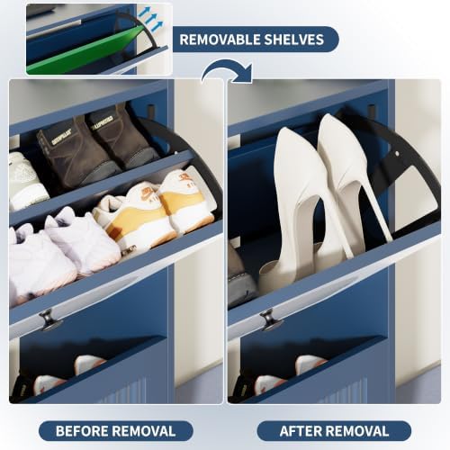 Shoe Cabinet with Bench, 4‑Flip Drawer Fluted Shoe Storage Cabinet with Removable Adjustable Shelves, Side Hooks & Anti‑Tip Device, Freestanding Entryway Shoe Organizer for Hallway, Blue - Image 4