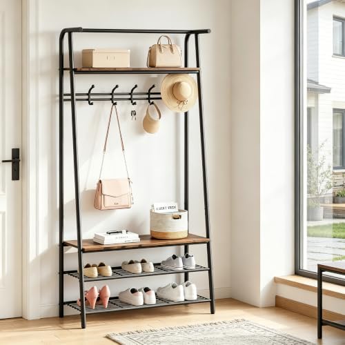 Jojoka 4-in-1 Entryway Coat Rack Hall Tree with Bench & Shoe Rack, Freestanding Storage for Hooks, 3-Tier Shoe Cabinet, Hanging Rod for Hallway, Front Door, Mudroom by Jojoka