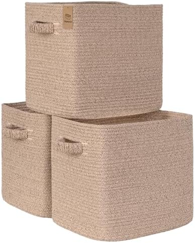 15×13 Inch Storage Cubes, 3 Pack Cube Storage Bins for Organizing, Cotton Rope Woven Baskets for Shelves, Bathroom, Kids Room, Closets, Baby Nursery by Degeyoyo