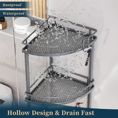 Consumest Corner Shower Caddy Stand - 3 Tier Shower Organizer with Soap Holder, Tall Floor Corner Shelf Standing with Adjustable Feet & 4 Hooks, Storage Rack for Bathroom Grey - Image 6