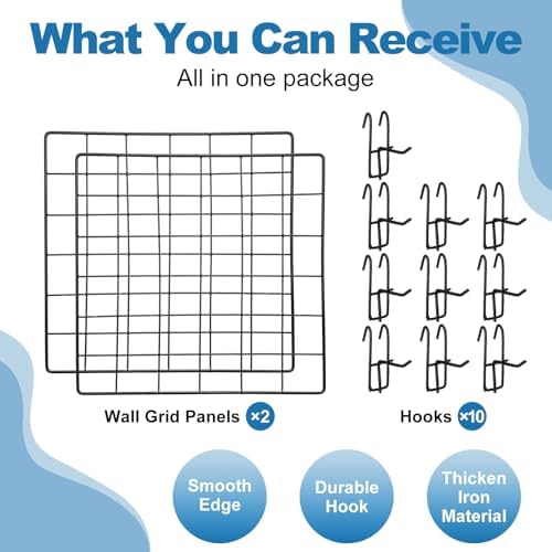 uxcell 2Pcs Wire Wall Grid Panel, 12" x 12" Metal Photo Hanging Display Grid Shelf Decorative Gridwall Wire Board Organizer with Hook for Art Display Frame Home Decor, Black - Image 3