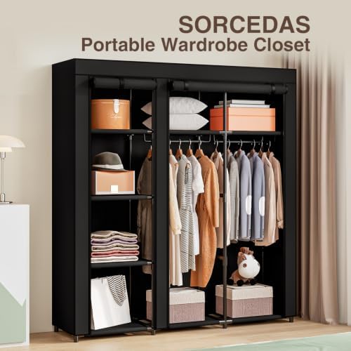 SORCEDAS Portable Closet Wardrobe with Hanging Rods Shelves Clothes Storage - Image 2