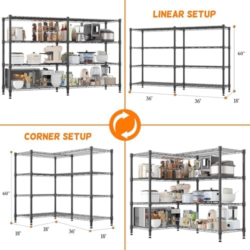 Homdox 4-Tier Adjustable Metal Storage Shelves, Space-Saving Corner Rack for Kitchen, Pantry, Office, Garage, Books & Plants, 18"x72"x60", Black - Image 2