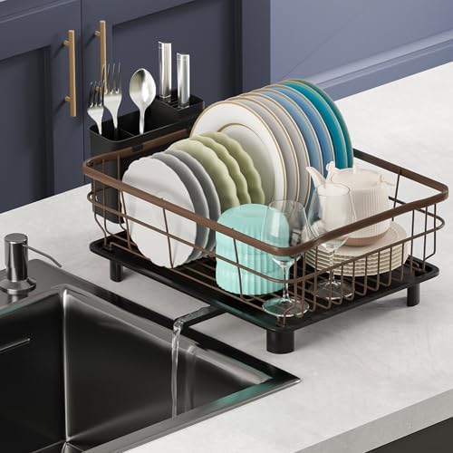 AIDERLY Metal Dish Drying Rack Automatic Drainage, Brown, Large by AIDERLY