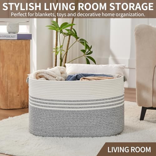 Laundry Hamper with Handles, 72L Rope Laundry Basket, Grey & White - Image 7