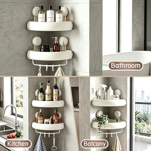Shower Caddy Suction Cup（2-Pack Cream White）, No-Drilling Corner Bathroom Organizer,Rust Proof Shower Shelf for Inside Shower with Removable Hooks & Towel Bar - Image 6