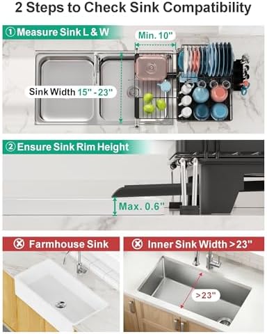 iSPECLE 2 Tier Dish Drying Rack - Expandable Over Sink & Counter Use, Black - Image 6