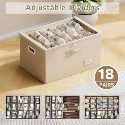 Shoe Organizer for Closet, Shoe Box Storage Containers Fit 18 Pairs Foldable Shoe Storage Bins with Clear Cover & Adjustable Dividers for Shoes Blankets Linen Clothing (Beige, (24.4*16.5*12.9)x1) - Image 4