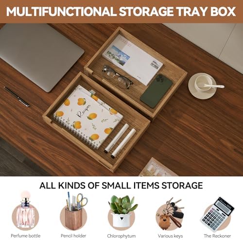 KIRIGEN Wood Paper Tray Set of 2, Stackable Inbox Trays for Desk, Brown - Image 4