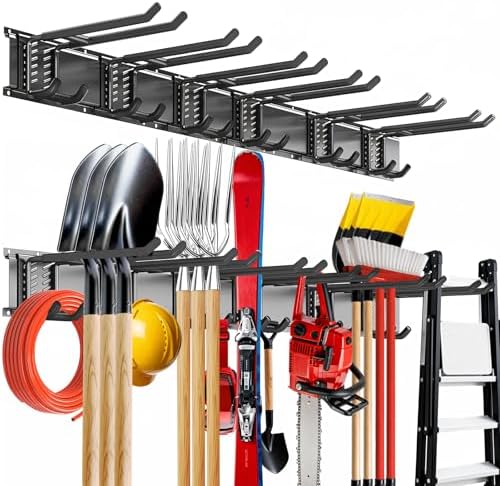 Garage Tool Organizer Wall Mount, 48inch Heavy-Duty Garage Storage System and Garden Tool Organizer with 6 Adjustable Double Hooks for Shovel, Snowboard, Yard Tools and Shed by TEBGEAG