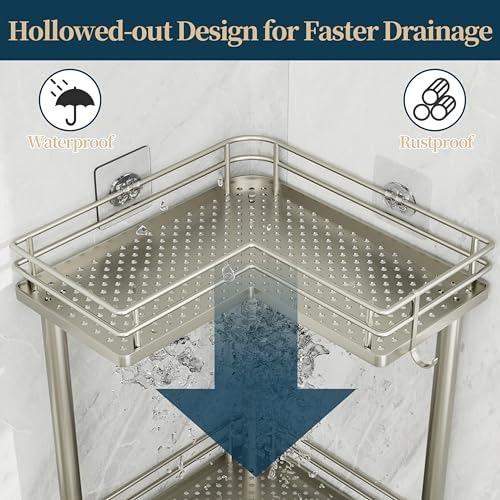 Consumest Corner Shower Caddy Standing - 3-Tier Stainless Steel Shower Organizer with Soap Holder and 4 Hooks, Large Capacity Corner Shelf Stand for Bathroom, Rest Room, Sand Nickel - Image 4