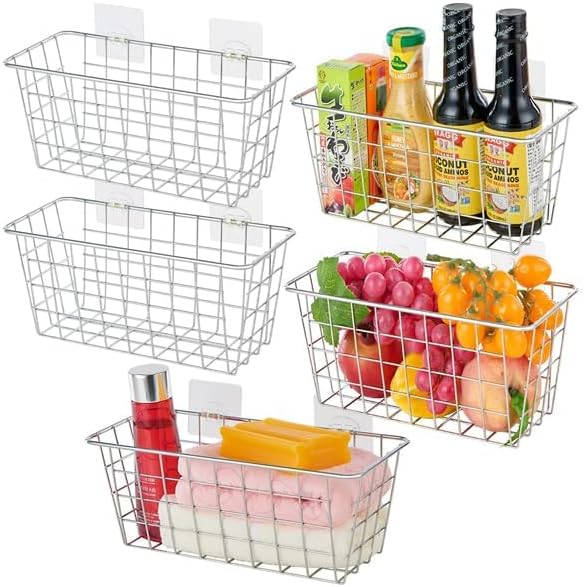 JUNCHU CHERRY 5 Pack Hanging Storage Basket, Bathroom Basket, Household Goods, with Traceless Tape, no Drilling, for Cabinet Storage, Kitchen, Bathroom, Storage Room,Chrome - Image 3