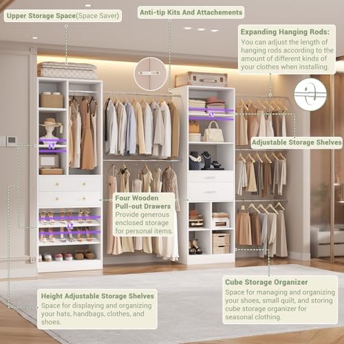 Besiost Closet System, Up to 128.6"/10.7 FT Closet Organizer with 4 Wooden Drawers and Shelves, Walk-in Closet System with 6 Hanging Rods, Built-in Closet Can Fit 96"/8FT, 120"/10FT, White Set 2 - Image 2