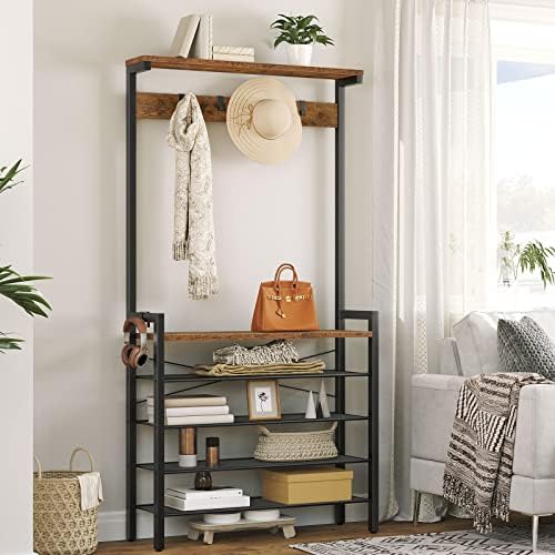 HOOBRO Hall Tree with Bench, Coat Rack with Shoe Storage, Shoe and Coat Rack, 5-Tier Entryway Shoe Storage, 5 Hooks, for 12-16 Pairs, Industrial, Hallway, Foyer, Mudroom, Rustic Brown BF74MT01 - Image 3