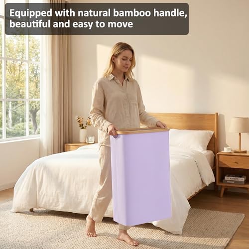 Slim Laundry Basket,60L Laundry Hamper with Lid, Tall Hamper for Laundry,Dirty Cloth Hamper with Bamboo Handle for Towels, Clothes Organizing,Purple - Image 6
