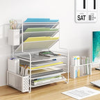 Simple Trending 7 Tier Desk File Organizer, Letter Tray Paper Organizer with Pen Holder and Metal Hanging Basket, White - Image 2