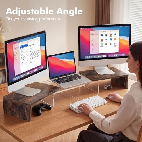 Dual Monitor Riser, Acrylic Monitor Riser with Keyboard Storage, Adjustable Angle & Length Computer Monitor Stand, Wide Desk Shelf for Top of Desk for Home Office_Wood Look - Image 5