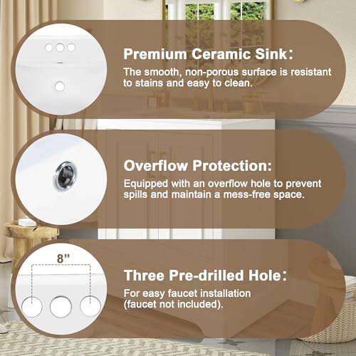 Harper & Bright Designs 24" Bathroom Vanity with Sink, Free Standing Single Basin Vanity with Divided Drawer & 2 Doors with Double Shelf, Wooden Storage Cabinet with Ceramic Basin for Bathroom, White - Image 7