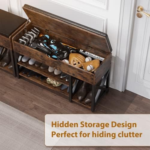 Shoe Bench, Lift Top Shoe Storage Bench, Adjustable Shelf Entryway Bench, Metal and Wood Shoe Rack Organizer with Cushion for Entry, Bedroom, Closet, Living Room, Hallway (Brown, 35.5“W) - Image 5