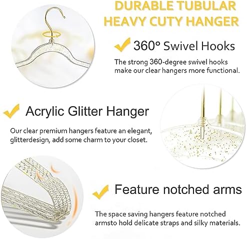 VSV stoage Clear Clothes Hangers 16", 40 Pack Plastic Coat Hanger for Adult Closet, Bling Thin Hangers with Swivel Gold Hook, Notched Shoulders Perchas - Clothing Rack for Bridesmaid Dresses - Image 2