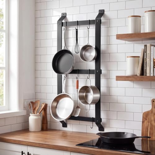 MorningRo 37” Pot and Pan Hanging Rack Wall Mounted, 3 Tier Iron Vertical Hanging Pan Organizer Shelf with 8 S Hooks Hanger for Kitchen Utensils, Space Saving Storage for Cookware by MorningRo