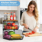 Potato and Onion Storage Bin with Wooden Top, 2-Tier Stackable Wire Basket - Image 2