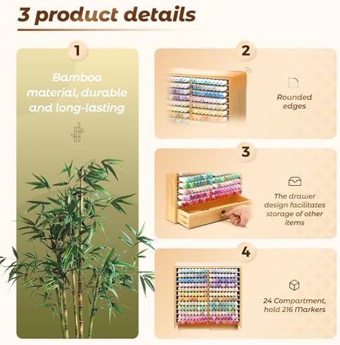 Marker Organizer, 24 Slots Wooden Storage for Up to 216 Markers with Drawer - Image 5