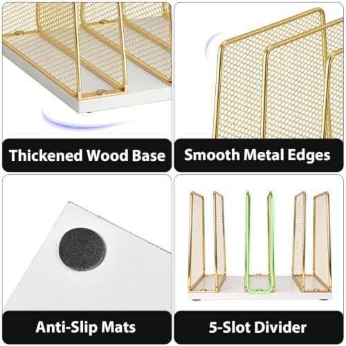 LEKETREE Gold Desk File Organizer, 5-Section Upright File Sorter, Vertical File Folder Holder, Mesh Metal Wood Office Desk Organizer for Document, Magazine, Books and more (White and Gold) - Image 5