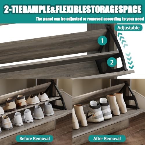 Shoe Cabinet for Entryway with 3 Flip Drawers, Grey Tall Wood Shoe Storage Cabinet with Coat Rack, Narrow Hidden Slim Freestanding Shoe Rack Organizer, 2 in 1 Hall Tree for Living Room, Hallway - Image 3