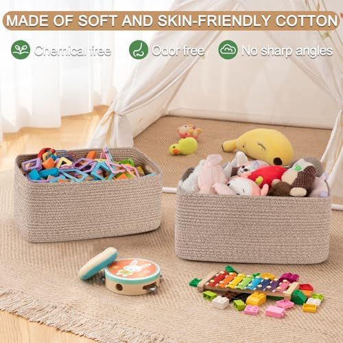 OIASKET Large Storage Basket for Organizing, Woven Rope Basket for Shelves, Closet Organizer Bins for Clothes, Blanket, Toys, Baby Nursery Storage, 17.7" x 13" x 7.87", 2 Packs Brown - Image 4